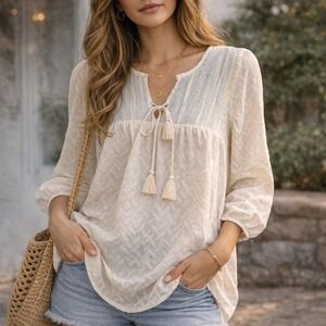 One September Anthropologie Boho Peasant Tunic Blouse Cream Tassel S